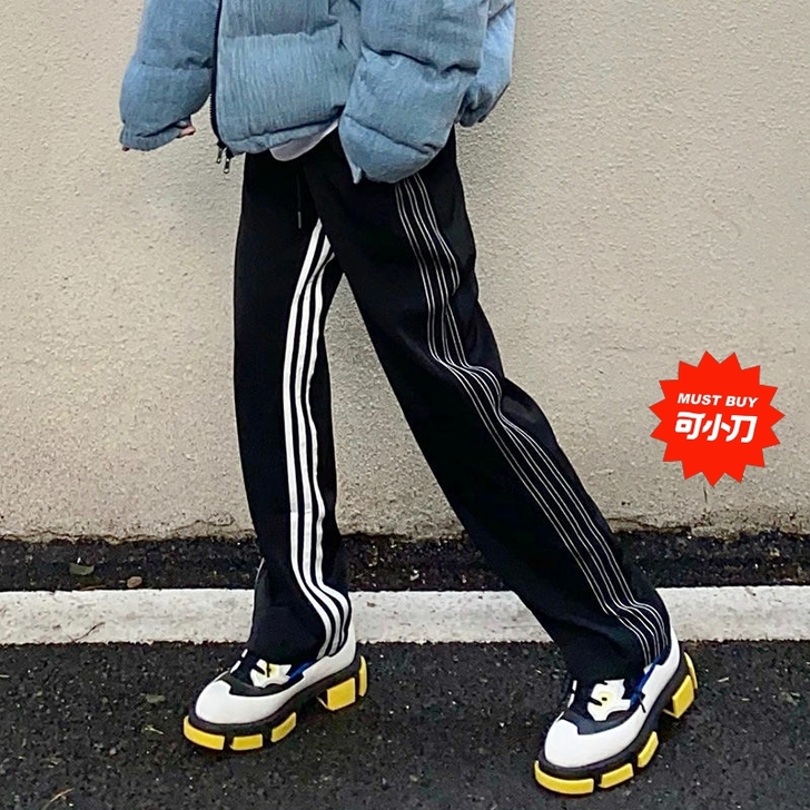 三条杠条纹休闲潮牌直筒宽松垂感长裤ins情...