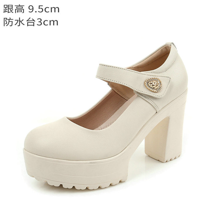 真皮旗袍走秀女鞋超高跟搭扣单鞋粗跟厚底婚鞋...