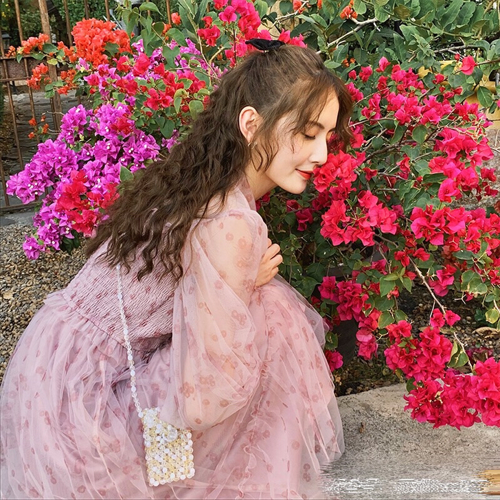 梅子熟了 文艺娃娃领印花裙网纱裙子仙女超仙...