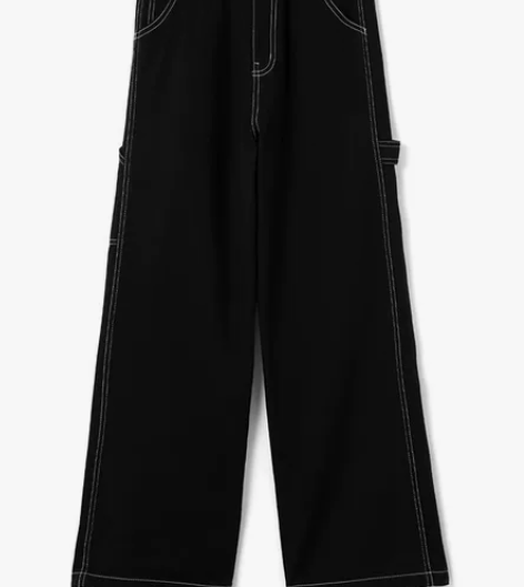 2022秋季新款校园风明线饰带高腰阔腿牛仔...