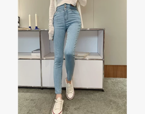 2021新款春夏单排高腰牛仔裤弹力显瘦修身...