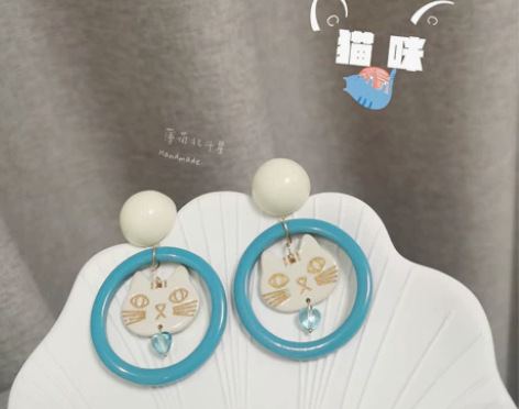 蓝白猫咪日系风耳环 手工自制 又奶又萌的猫...
