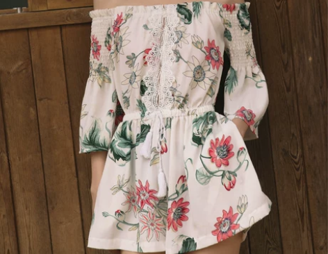 一字肩连体裤女夏一字领阔腿裤沙滩裤短裤波西...