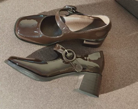 玛丽珍鞋高跟鞋赫本鞋一字扣漆皮粗跟复古方头...