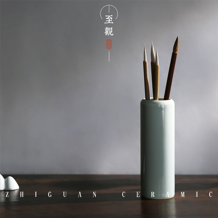【至观】精品天青色手工陶瓷笔筒笔罐办公文房...