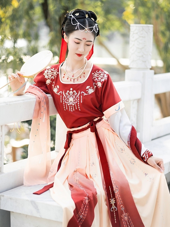 珍缕家的唐制坦领齐腰,上衣+下裙+半臂+披...