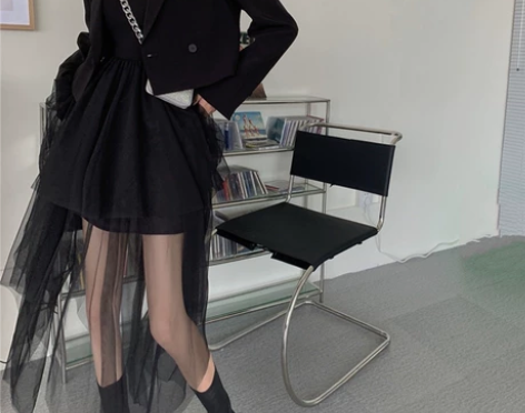 港风设计性感不规则韩版网纱小黑吊带连衣裙子...