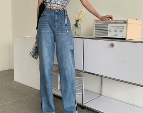 高腰破洞开叉牛仔裤女直筒宽松2022年夏季...