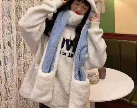 圣诞鹿角帽子围巾手套一体冬季保暖毛绒三件套...