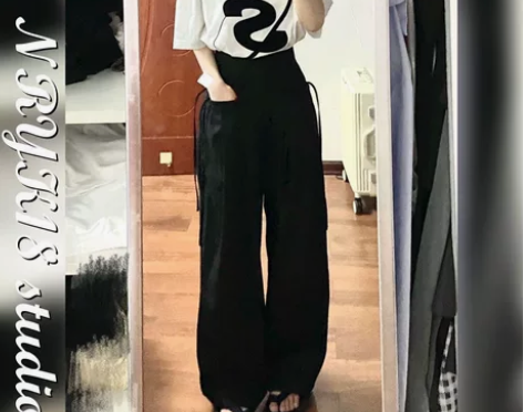 黑色垂感西装阔腿裤女夏季薄款宽松直筒休闲拖...