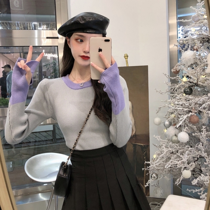 撞色毛衣女设计感小众套手指2021打底衫秋...