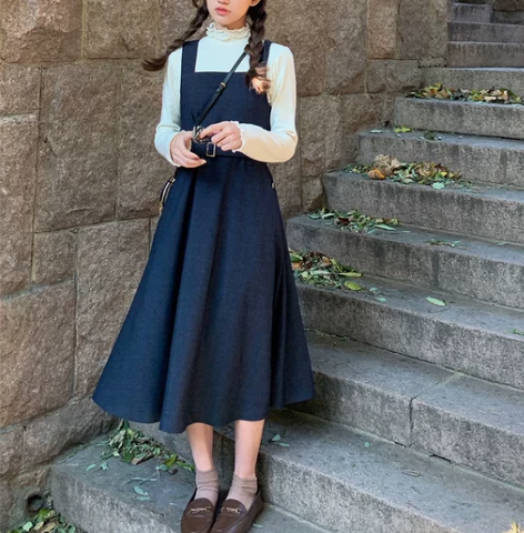 复古高腰牛仔背带裙女秋冬小个子收腰显瘦长裙...