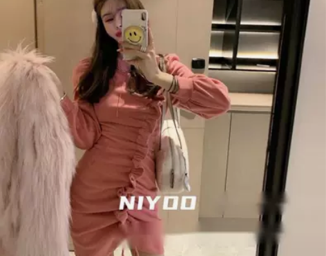 韩国2020秋冬新款韩版套头抽绳褶皱荷叶边...