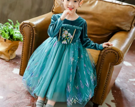 女童长袖闪亮金丝绒裙子2020秋季拼接印花...