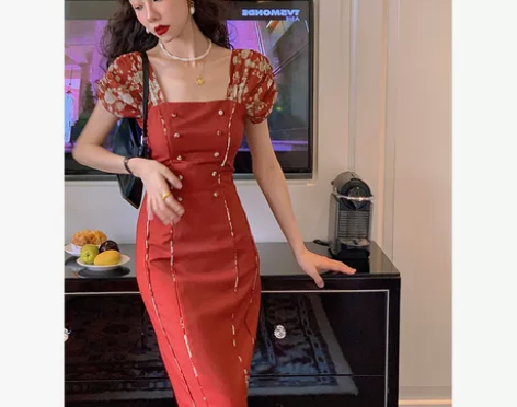 【礼遇价】法式复古碎花拼接连衣裙女2022...