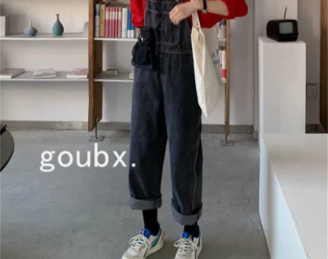 2021年韩版宽松直筒黑色牛仔裤春秋新款裤...