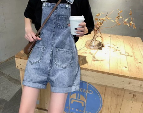 韩版春夏季裤子显瘦网红牛仔裤女背带裤短裤宽...