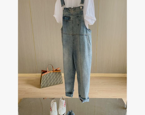 时髦可爱减龄~显瘦可调节吊带直筒纯棉牛仔裤...