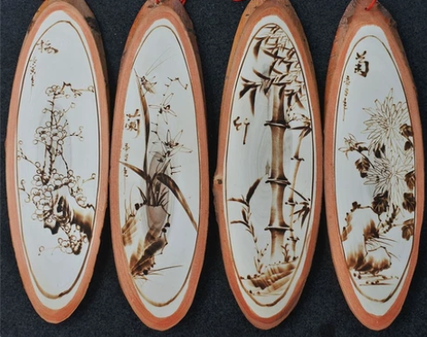 纯手绘木板画【白杨木烙画梅兰竹菊】民间工艺...