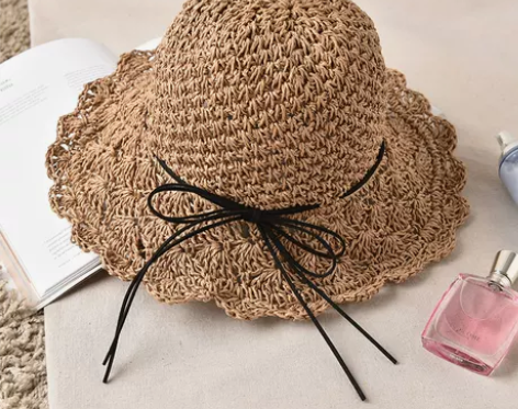 草帽女夏天小清新大沿帽可折叠沙滩帽子海边度...