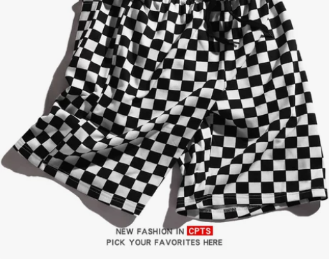 潮牌棋盘黑白格子纯棉短裤夏季毛圈布宽松运动...