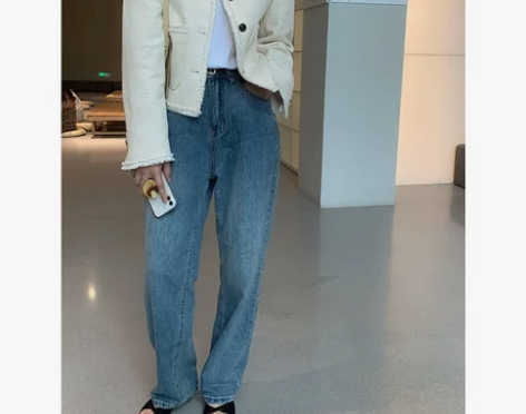 芥末自制蓝色牛仔裤女秋冬季显瘦复古高腰梨型...