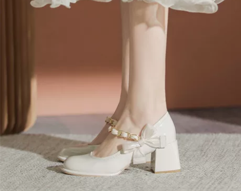 2022年新款玛丽珍女鞋蝴蝶结粗跟方头漆皮...