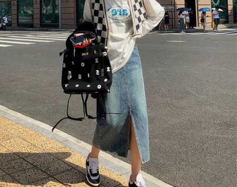 昵昵家前开叉牛仔半身裙女夏新款中长款高腰a...