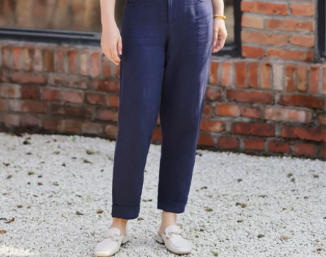 松间原创黑白色高端纯亚麻后腰松紧翻脚口小脚...