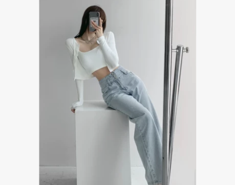 泫雅风复古高腰排扣牛仔裤女垂感宽松直筒阔腿...