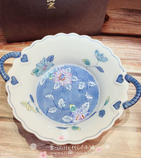 现货日本进口有田烧华山窑手绘釉下彩蝴蝶兰花...