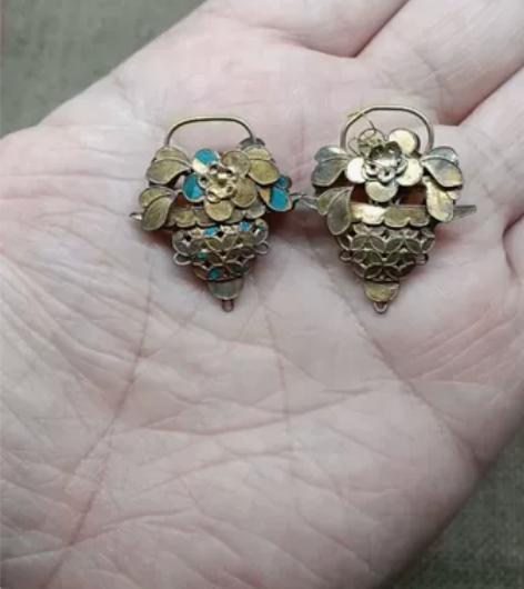 清代 老银鎏金花篮一对 工艺精细 有图有视...