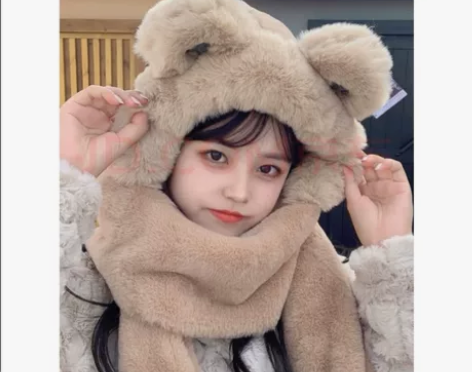 小熊耳朵帽子女秋冬季围巾手套一体保暖加绒加...