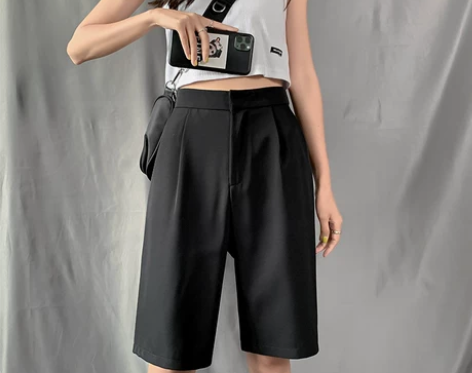 五分裤女直筒港味宽松潮ins高腰显瘦西装短...