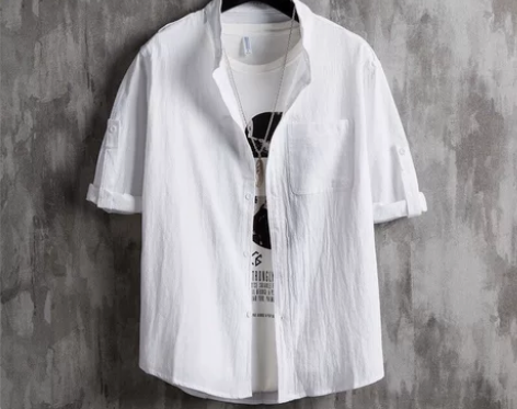 棉麻衬衫男七分袖立领衬衣宽松男装中国风夏季...