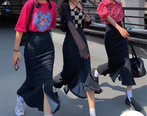 花田橱窗 牛仔高腰开叉鱼尾裙半身裙女a字裙...