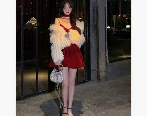 芭比姨红色丝绒连衣裙秋冬新款内搭小个子生日...