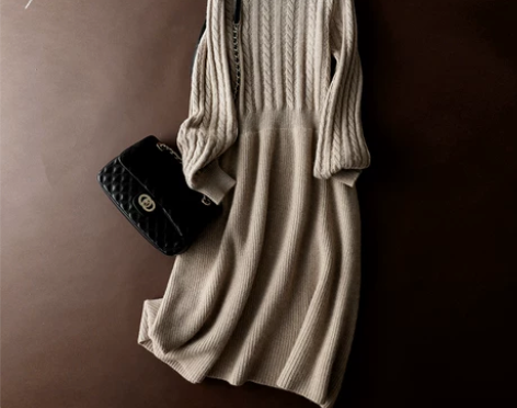 中长裙羊绒连衣裙女圆领麻花100纯山羊绒针...