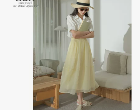 「百武西」文艺复古风松紧腰切割线设计气质半...