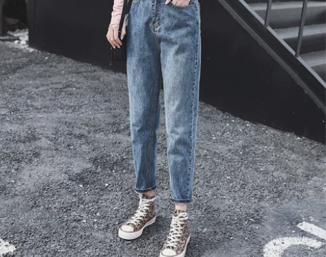 高腰宽松chic复古直筒九分牛仔裤女冬季加...