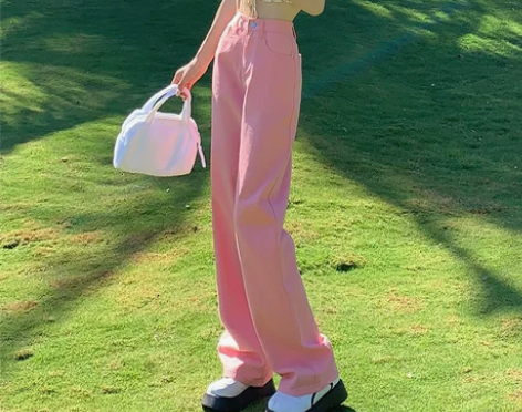 粉色阔腿牛仔裤女直筒宽松夏季2022薄款高...