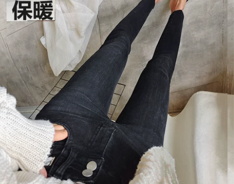 韩版黑色小个子必入八九分加薄绒牛仔裤女高腰...