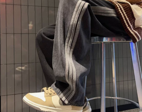 美式做旧复古条纹牛仔裤男秋冬加厚高街拖地裤...