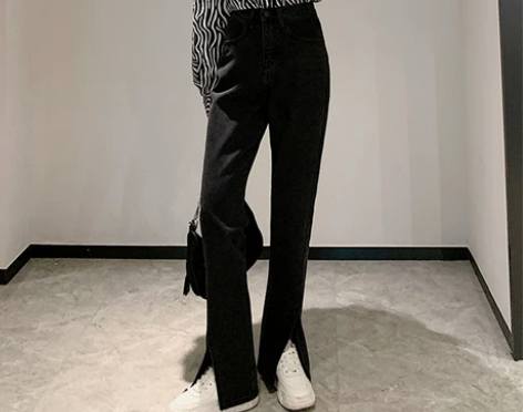 NKAZ黑色高腰开叉牛仔裤女直筒宽松显瘦c...