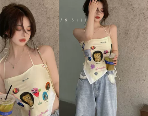 【55价】法式甜辣妹挂脖肚兜式小吊带背心女...