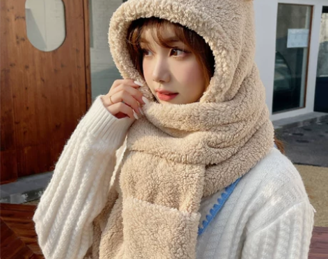 小熊保暖毛绒帽子女围巾围脖三件一体套装秋冬季