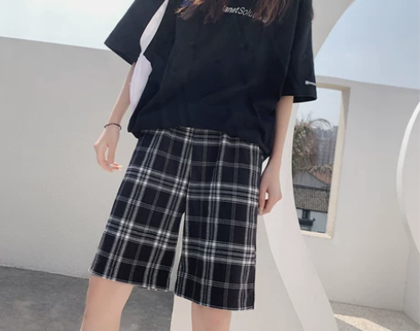 黑白格子短裤女夏季宽松直筒港风五分中裤外穿...