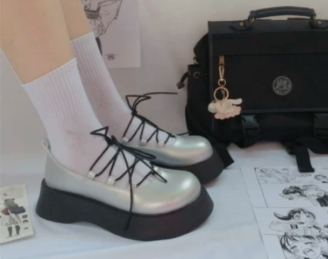 复古银厚底玛丽珍单鞋女chic原宿风软妹大...