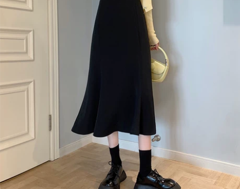 黑色鱼尾裙半身裙女春秋季中长款a字裙202...
