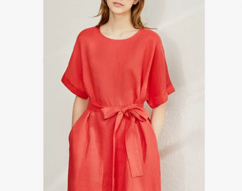 Amii文艺风亚麻气质连衣裙2020夏新款...